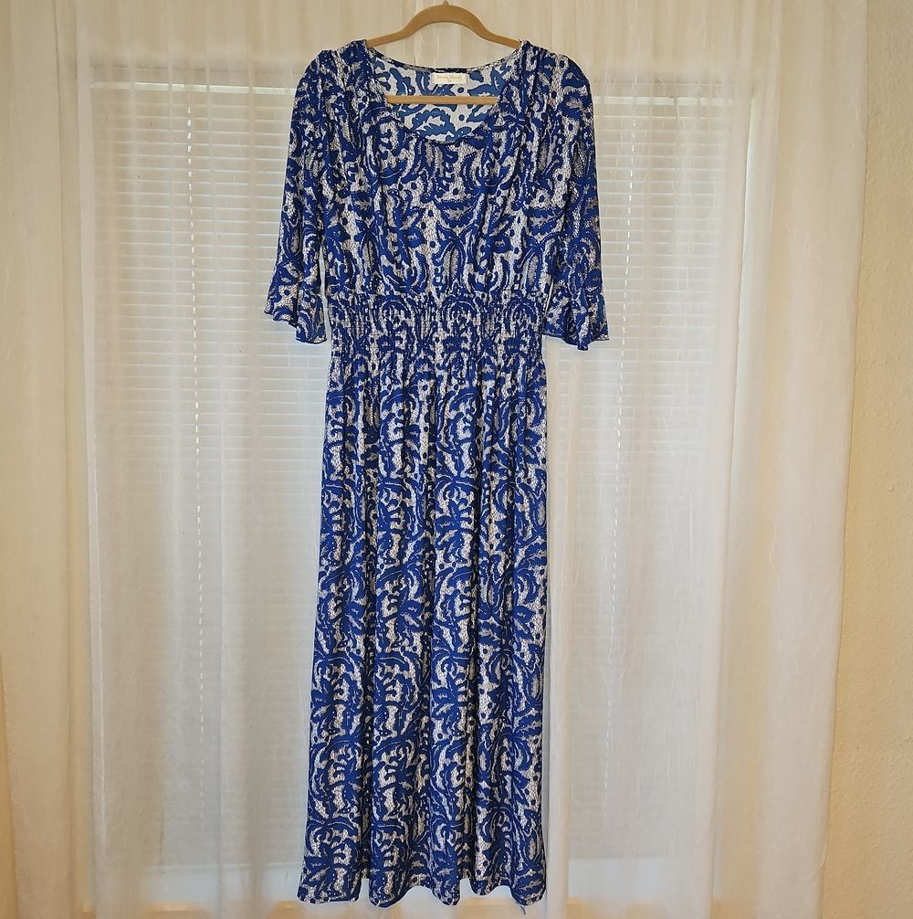 Seven Islands Women's Blue Sparkly Paisley Smocked-Waist Maxi Dress